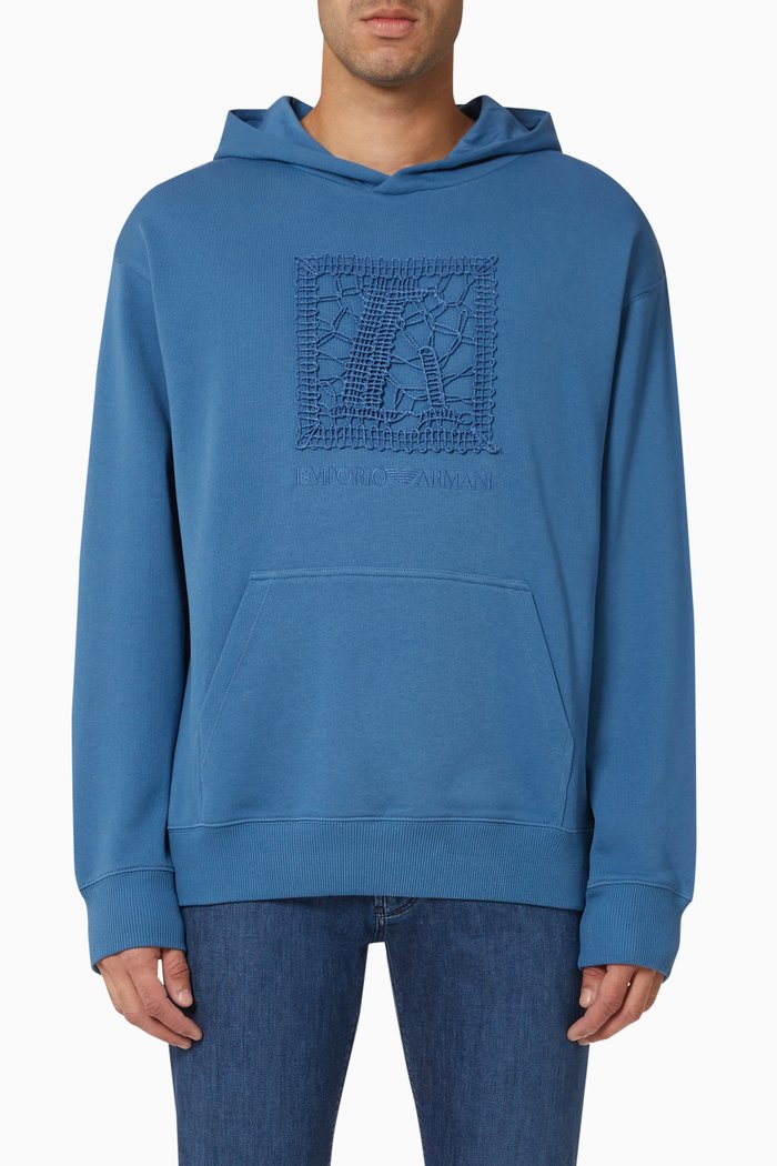 

Square Logo Embroidered Hoodie in Cotton Jersey, Blue