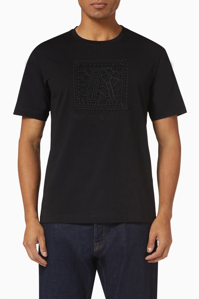

EA Macrame Embroidered T-shirt in Cotton Jersey, Black