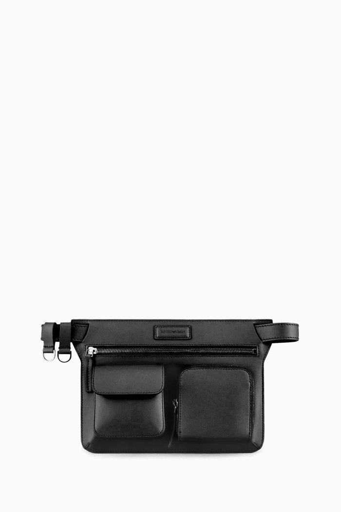 

Three Pocket Belt Bag in Calf Leather, Black