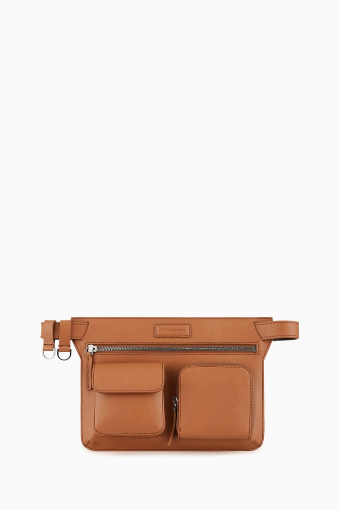 

Three Pocket Belt Bag in Calf Leather, Brown