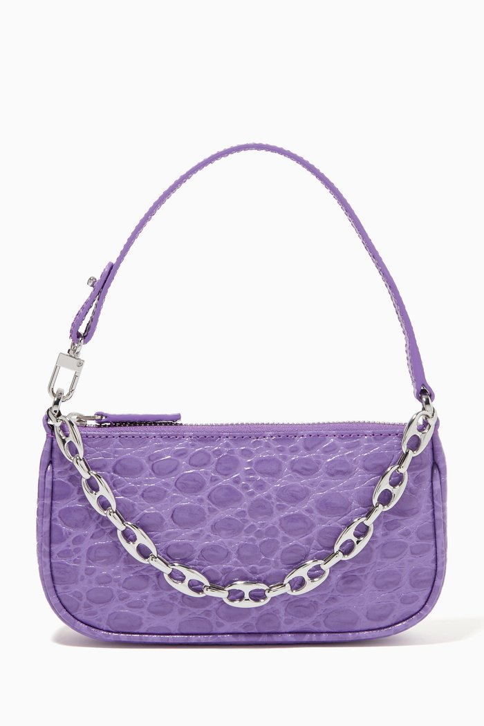 

Mini Rachel Shoulder Bag with Chain in Embossed Leather, Purple