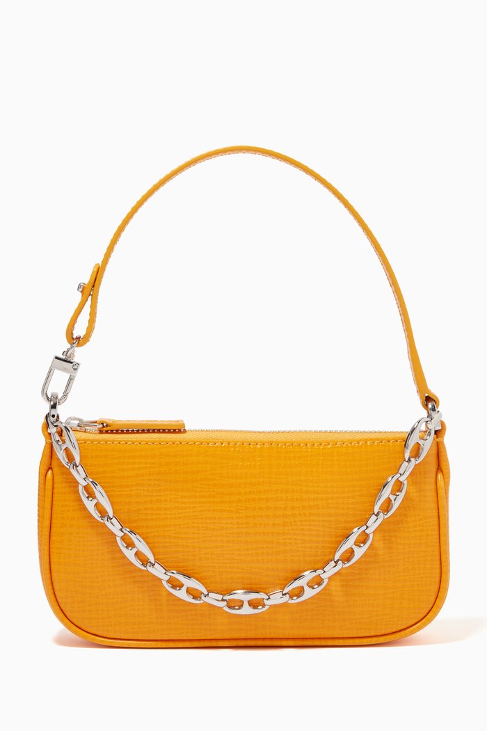 Mini Rachel Shoulder Bag with Chain in Embossed Leather, Orange