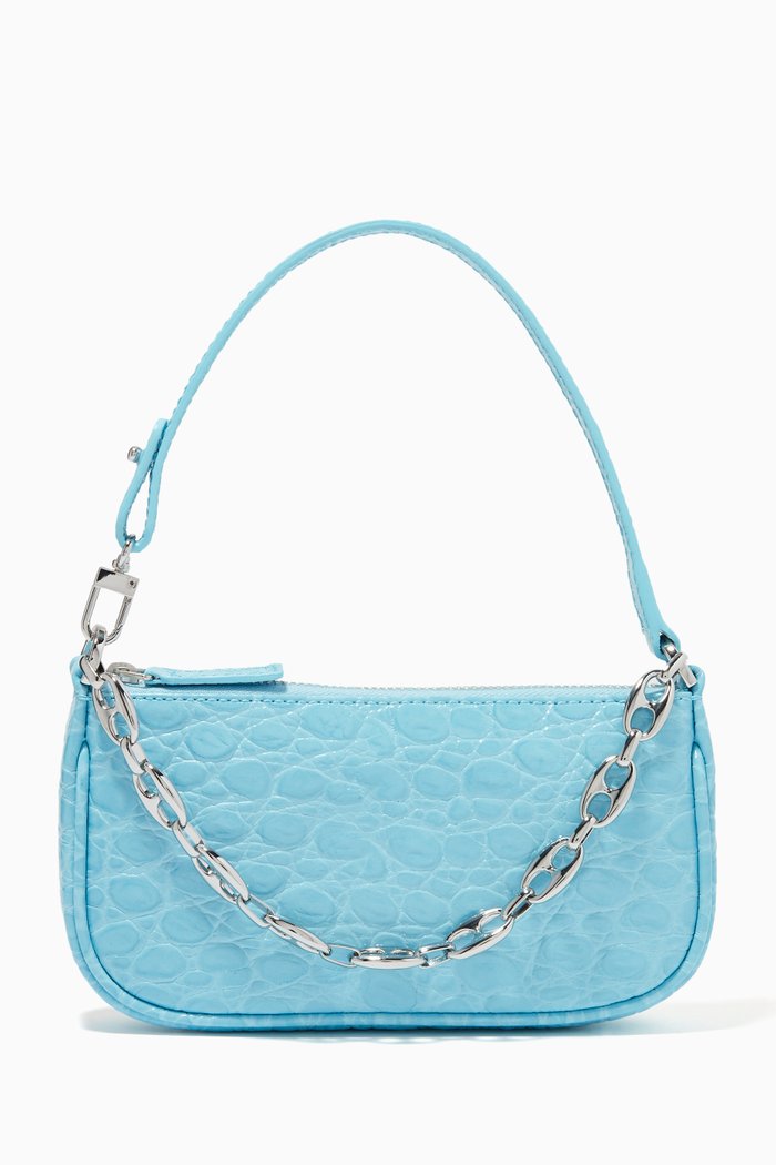 

Mini Rachel Shoulder Bag with Chain in Embossed Leather, Blue