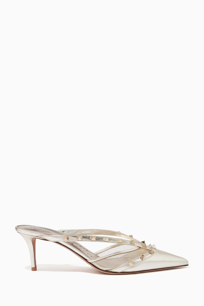 

Valentino Garavani Rockstud Alcove Mules in Metallic Leather & Mesh, Gold