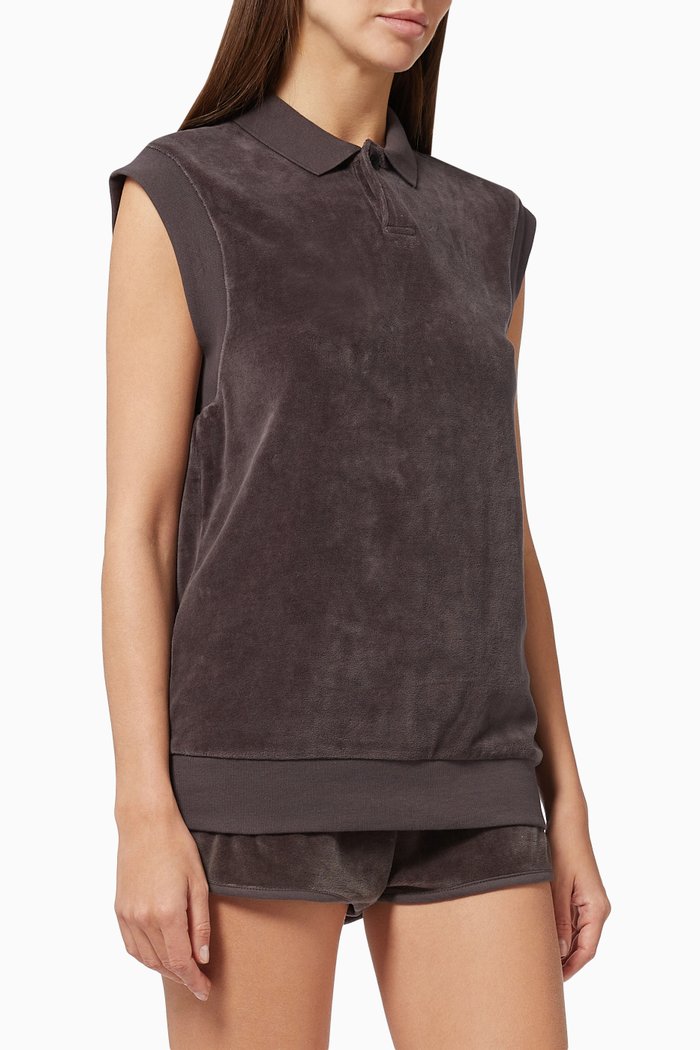 

Sleeveless Polo Shirt in Velvet, Black