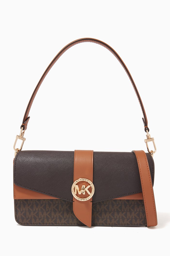 

Medium Greenwich Shoulder Bag in Mixed Leather & Logo Canvas, Brown