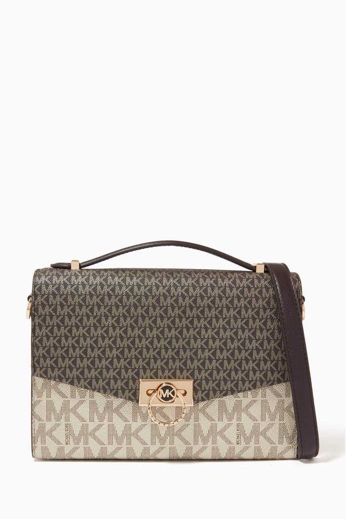 

Medium Hendrix Shoulder Bag in Metallic Logo Canvas, Brown