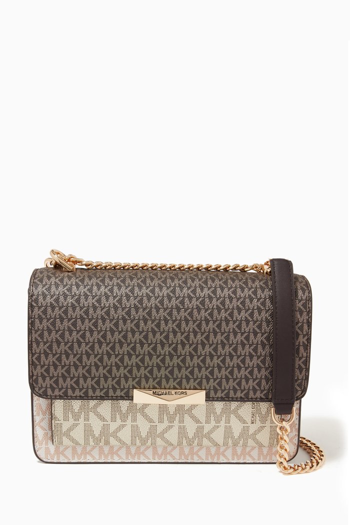 

Large Jade Crossbody Bag in Metallic Logo Canvas, Brown