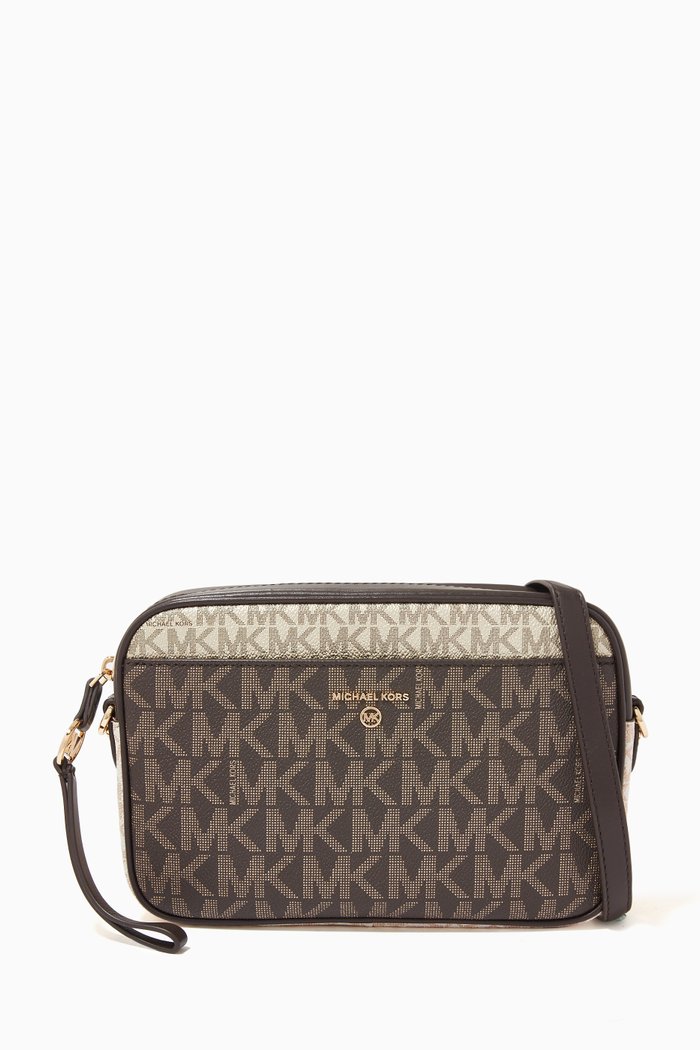 

Large Jet Set Crossbody Bag in Metallic Logo Canvas, Brown