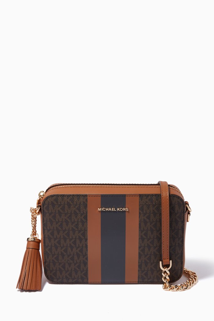 

Medium Ginny Stripe Crossbody Bag in Logo Canvas, Brown