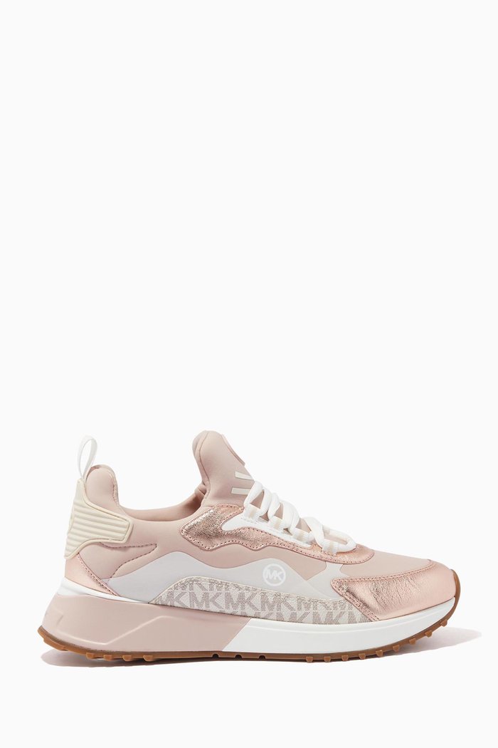 

Theo Metallic Mixed-Media Trainers in Leather, Pink
