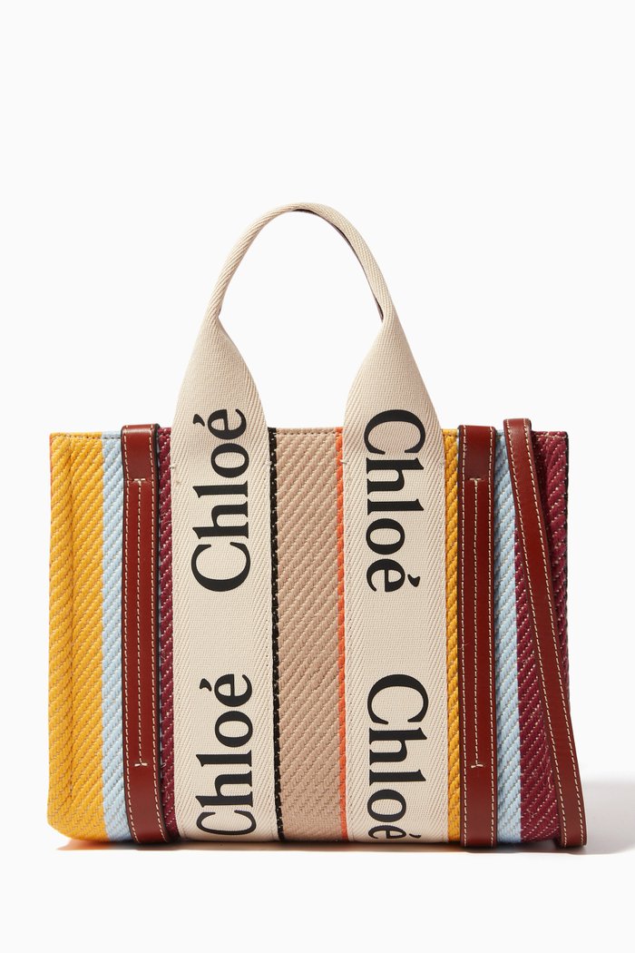 

Small Woody Tote Bag in Striped Linen & Shiny Calfskin, Multicolour