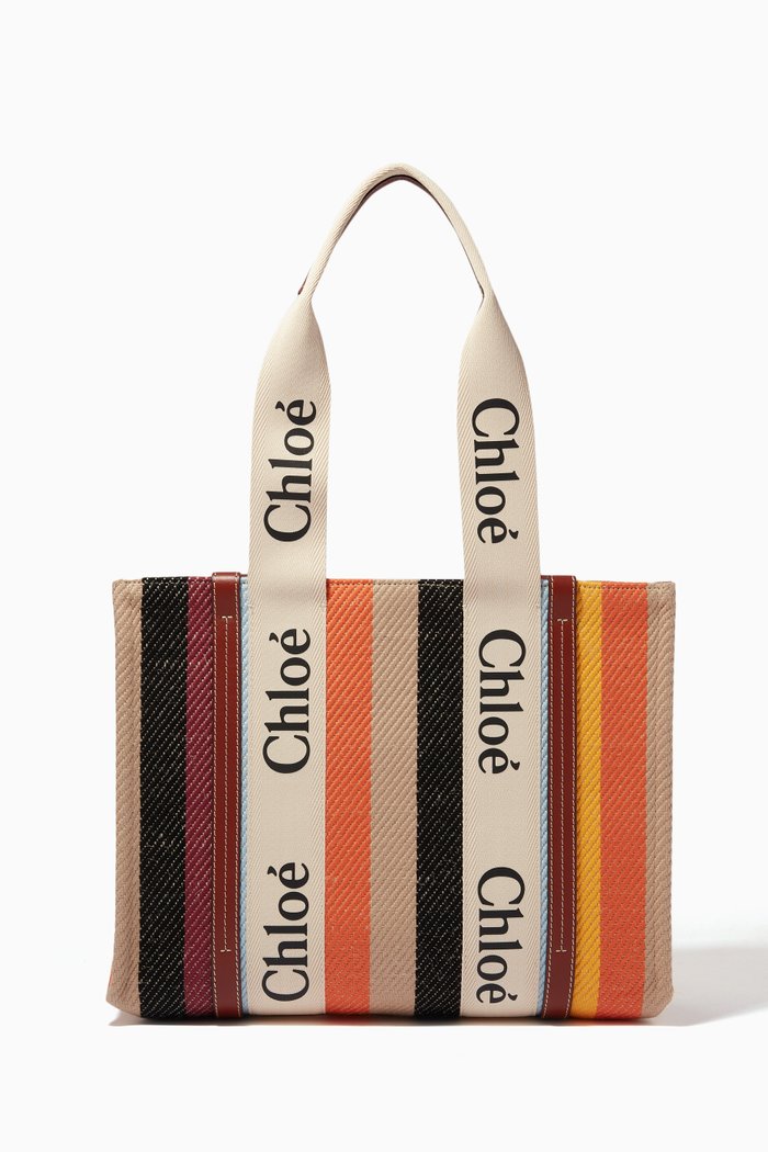 

Medium Woody Tote Bag in Striped Linen & Shiny Calfskin, Multicolour