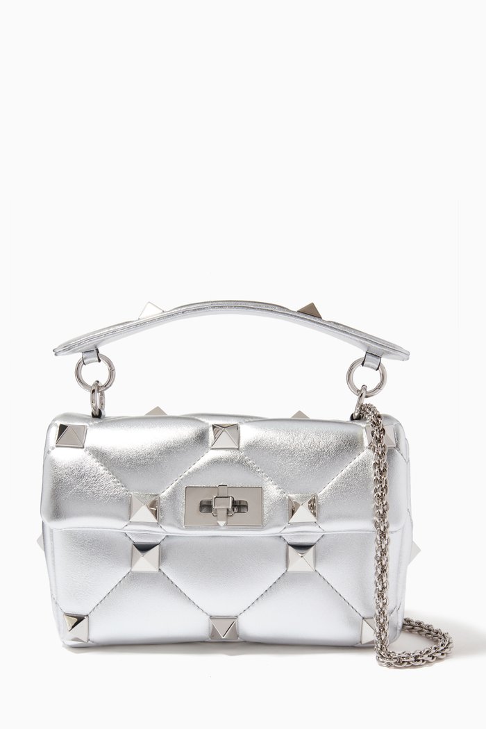 

Valentino Garavani Roman Stud Medium Shoulder Bag in Metallic Nappa, Silver