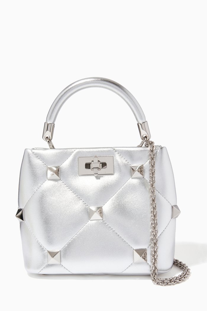 

Valentino Garavani Small Roman Stud Top Handle Bag in Metallic Nappa, Silver
