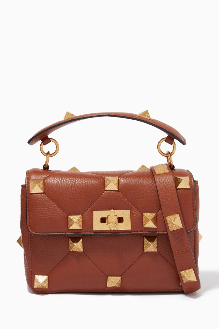 

Roman Stud Medium Shoulder Bag in Quilted Leather, Brown