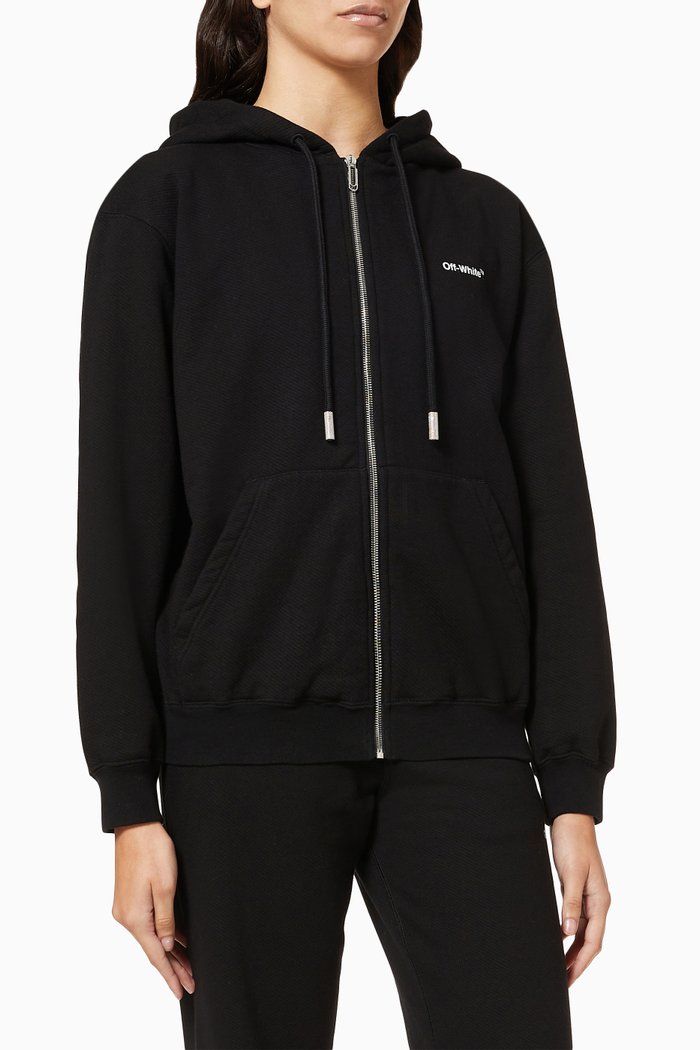 

Rubber Diagonal Zip Hoodie in Cotton Terry, Black