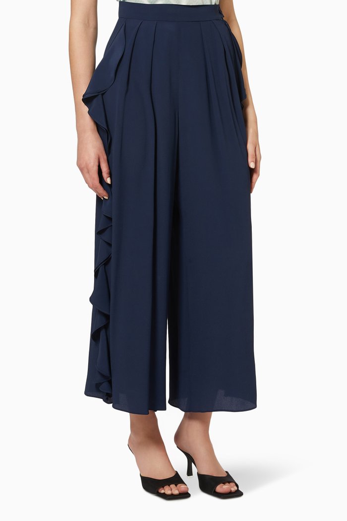 Garza Ruffled Trousers in Silk Blend, Blue