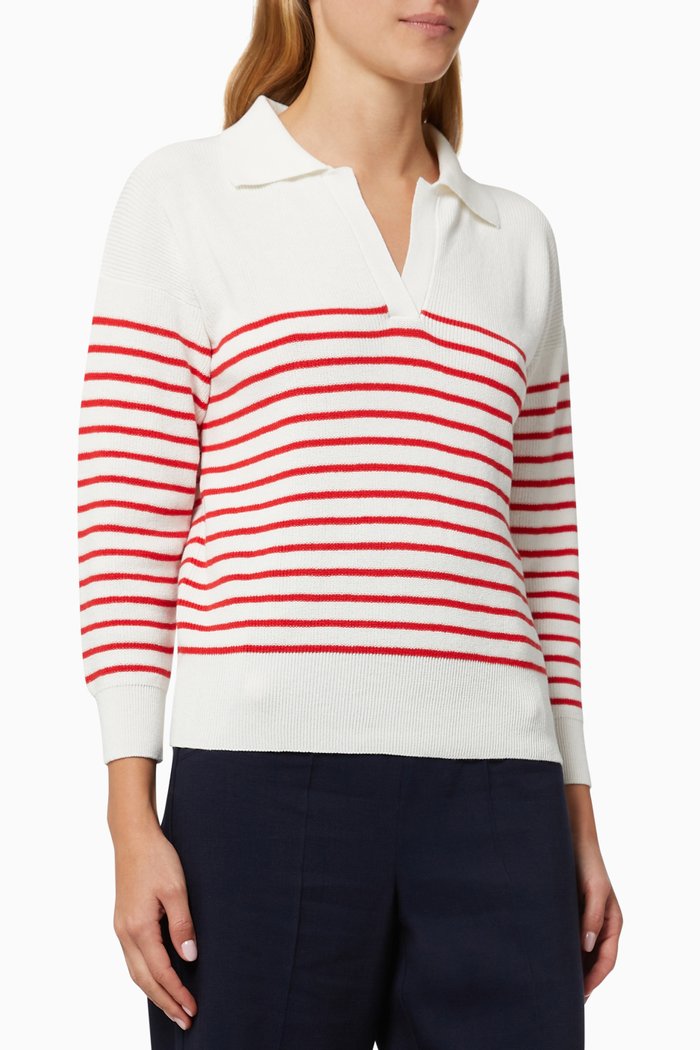 

Josef Striped Polo Sweater in Cotton Knit, White