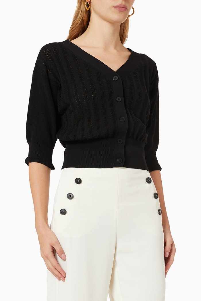 

Ribbed Button Up Cardigan in Cotton Knit, Black