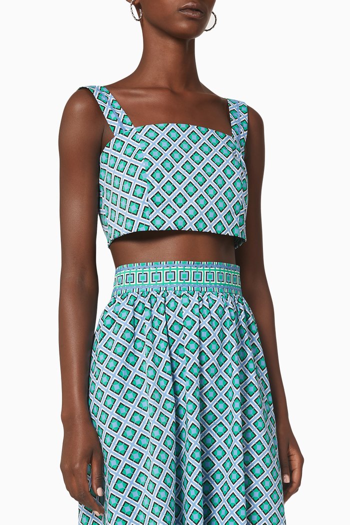 

Patterned Crop Top in Stretch Cotton Poplin, Blue