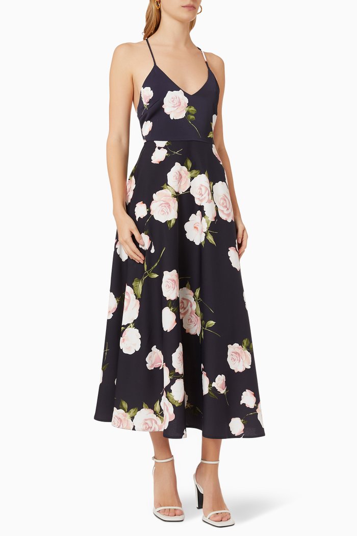 

Floral Print Midi Dress in Satin, Blue