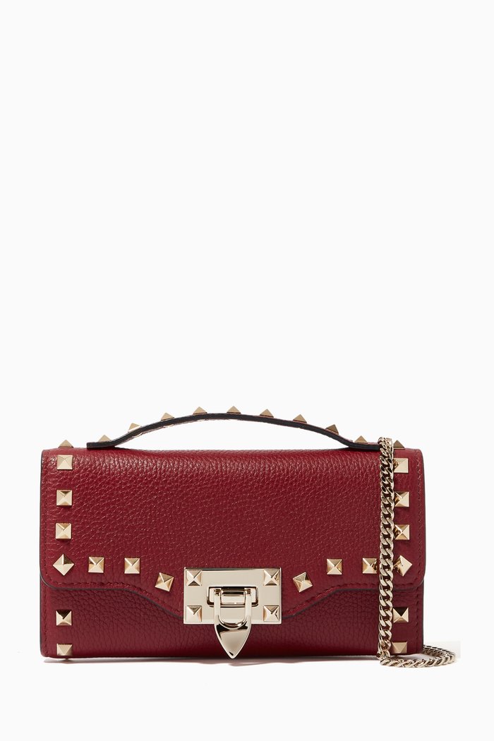 

Valentino Garavani Rockstud Chain Wallet in Grainy Leather, Burgundy
