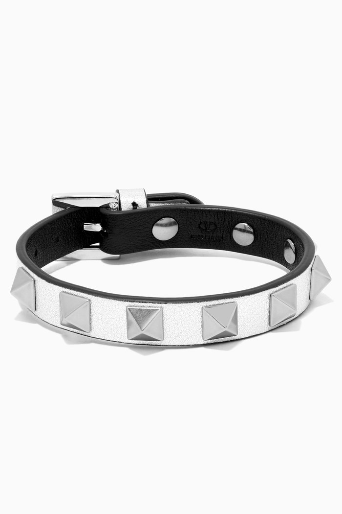 

Valentino Garavani Rockstud Bracelet in Metallic Leather, Silver