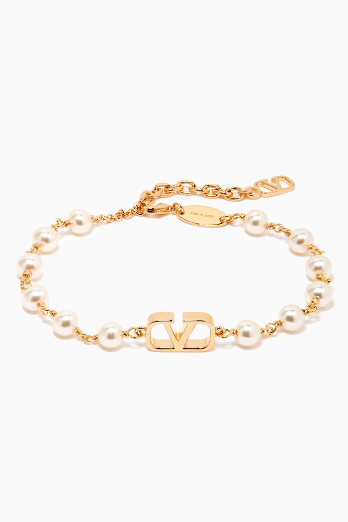 Valentino Garavani VLOGO Pearl Bracelet in Brass, Gold