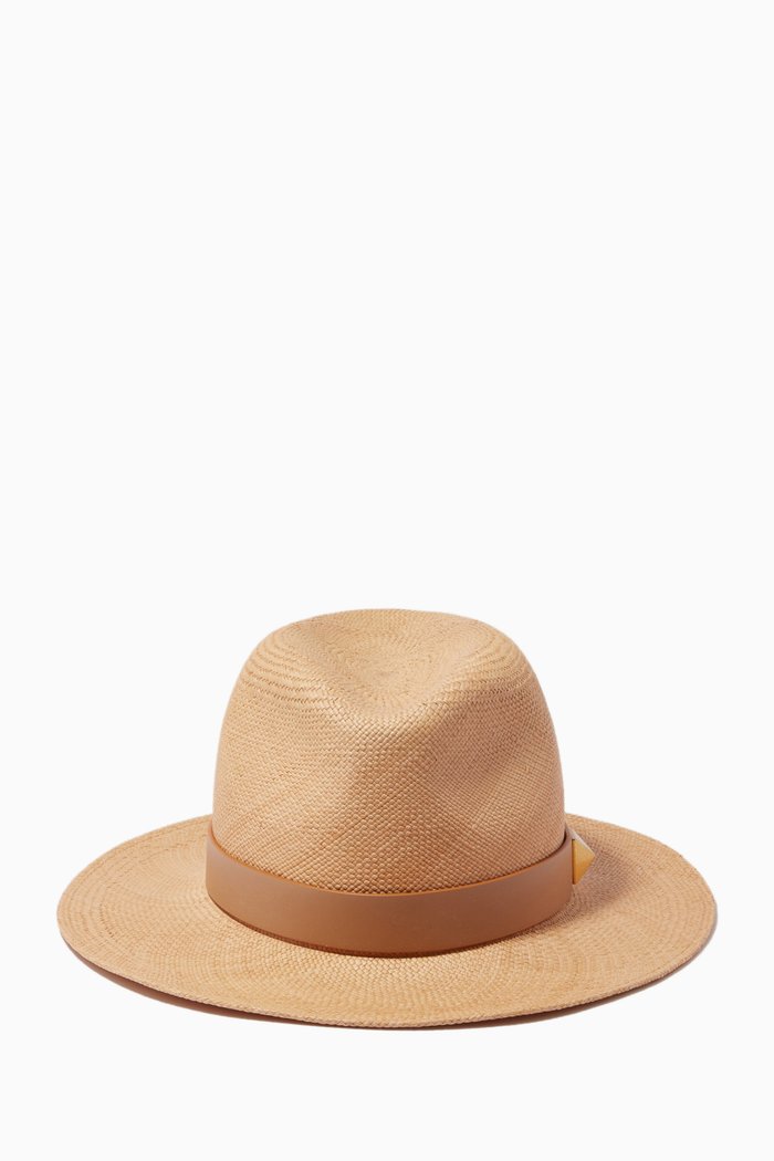 

Valentino Garavani Roman Stud Fedora Hat in Straw Raffia, Neutral