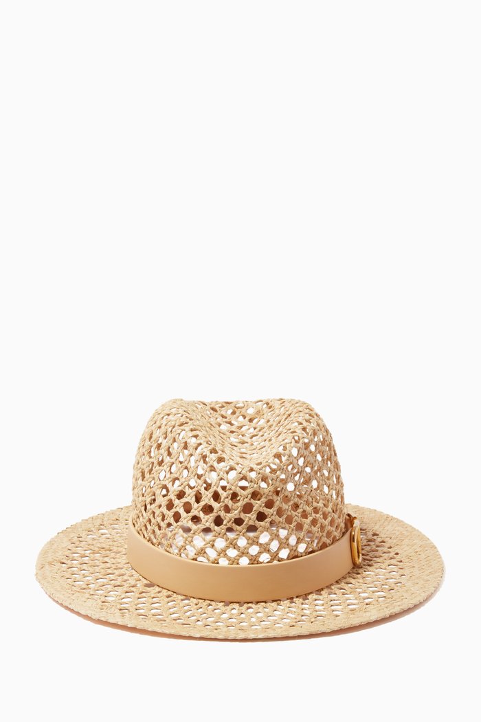 

Valentino Garavani VLOGO Fedora Hat in Woven Raffia, Neutral