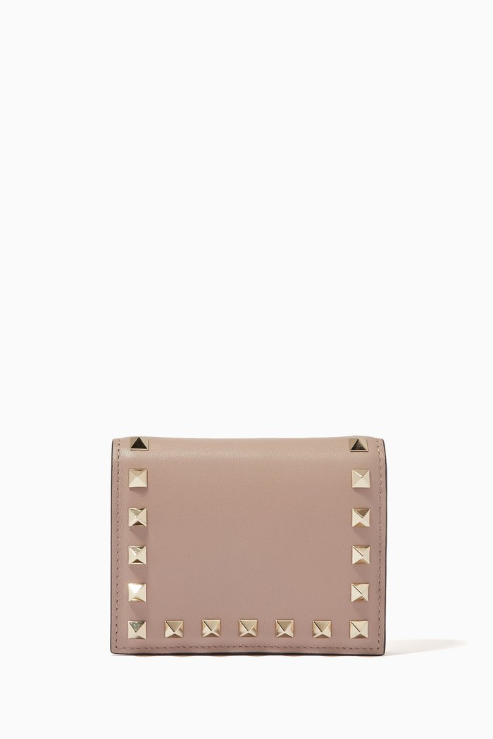 Valentino Garavani Rockstud French Wallet in Leather, Neutral