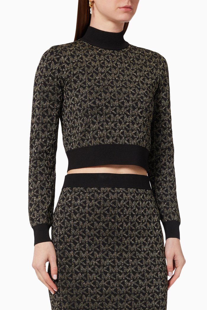 Crop Top in Metallic Logo Jacquard, Black