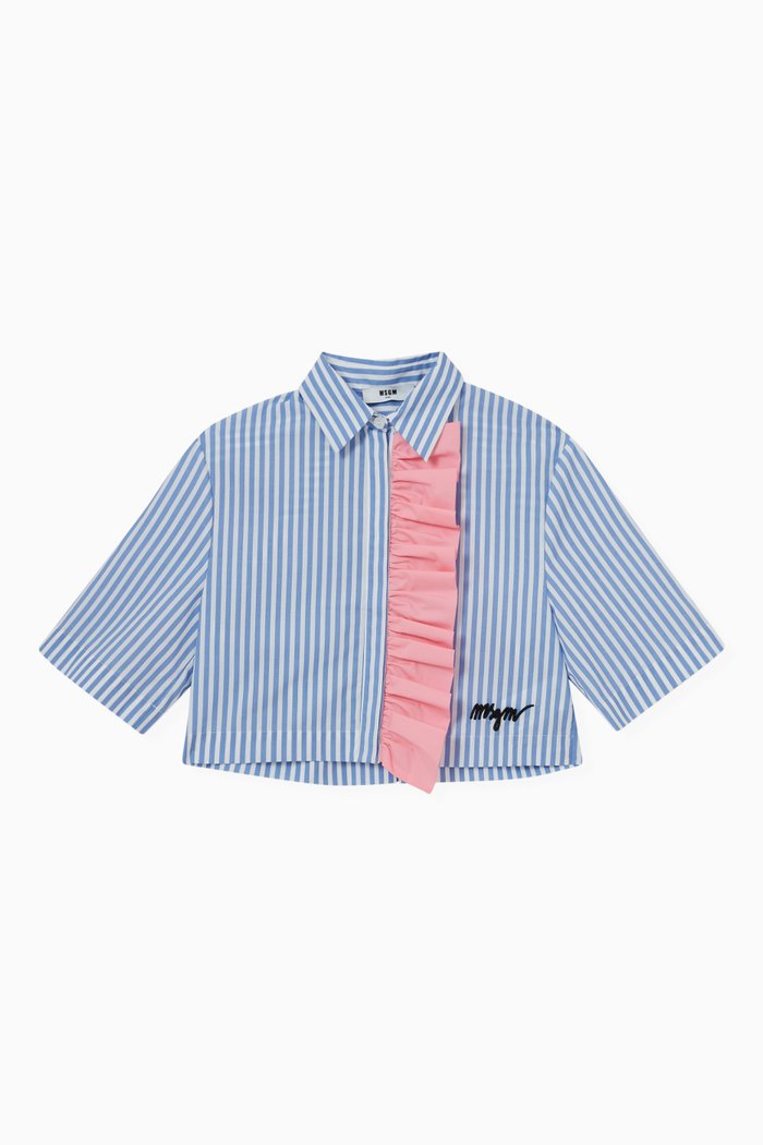 

Frill & Stripe Shirt in Cotton, Blue