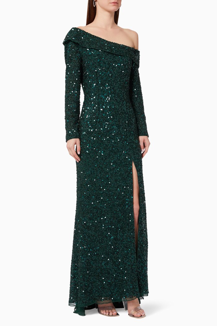 

Sequinned One-shoulder Gown in Tulle, Green