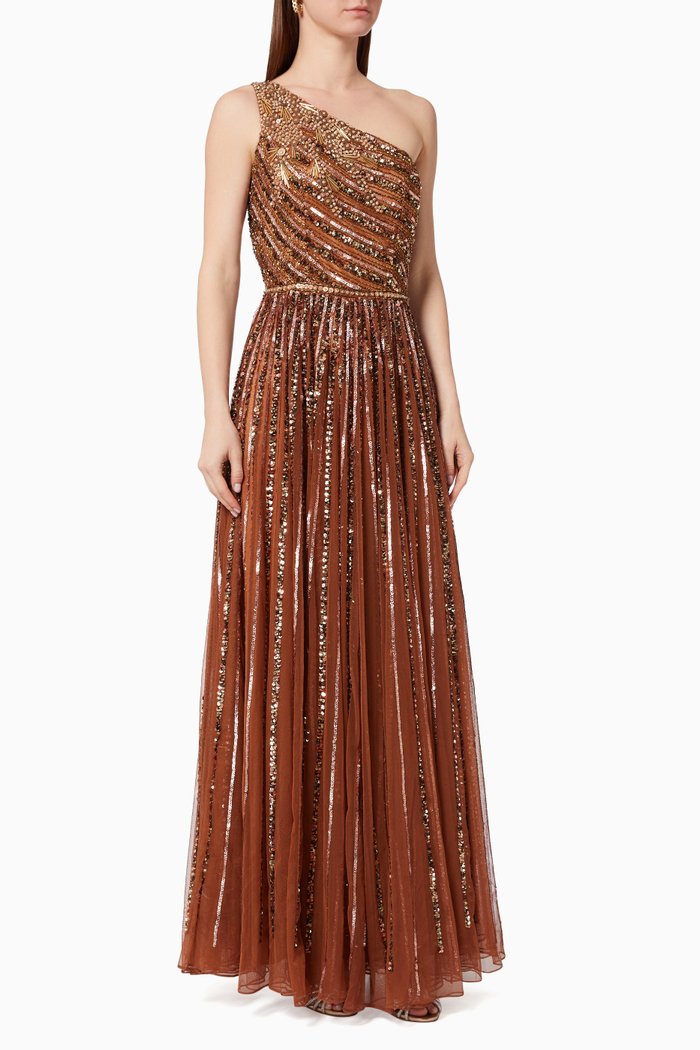 

Sequinned One-shoulder Gown in Tulle, Brown
