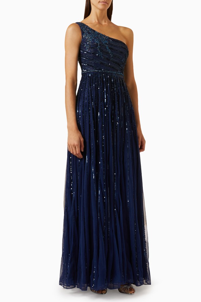 

Embellished One-shoulder Gown in Tulle, Blue