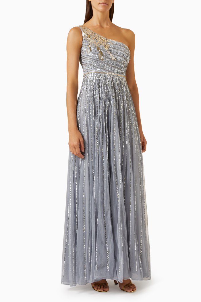 

Embellished One-shoulder Gown in Tulle, Silver