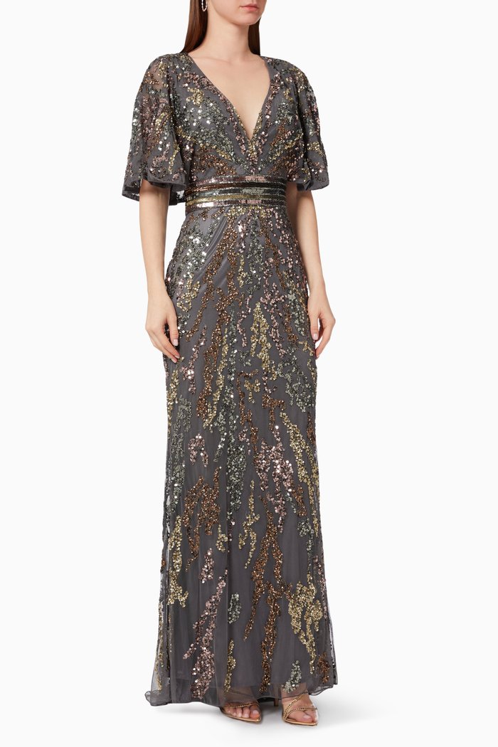 

Cape Sleeves Embellished Gown in Tulle, Silver