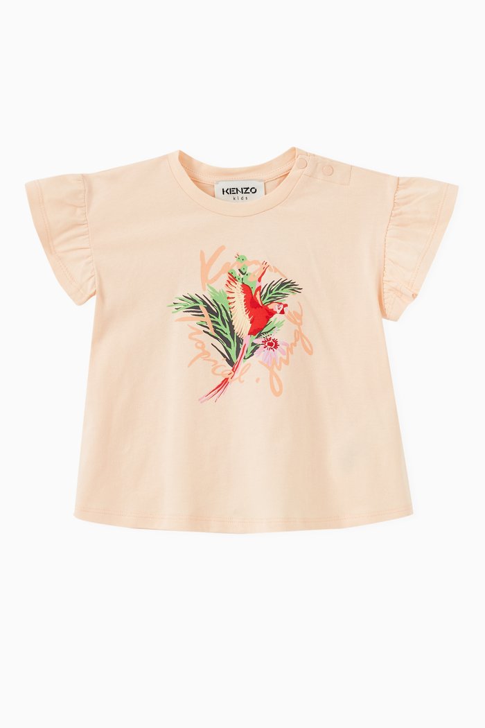 

Tropical Print Ruffled T-shirt in Organic Cotton, Red