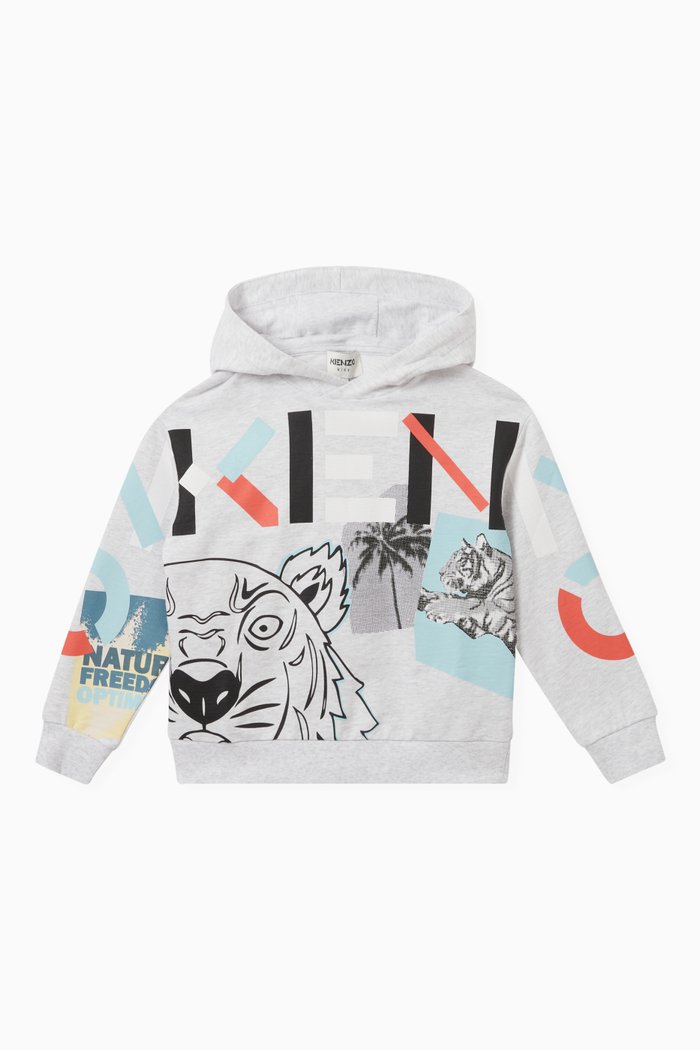 Multicolour Tiger & Logo Print Hoodie in Cotton, Grey