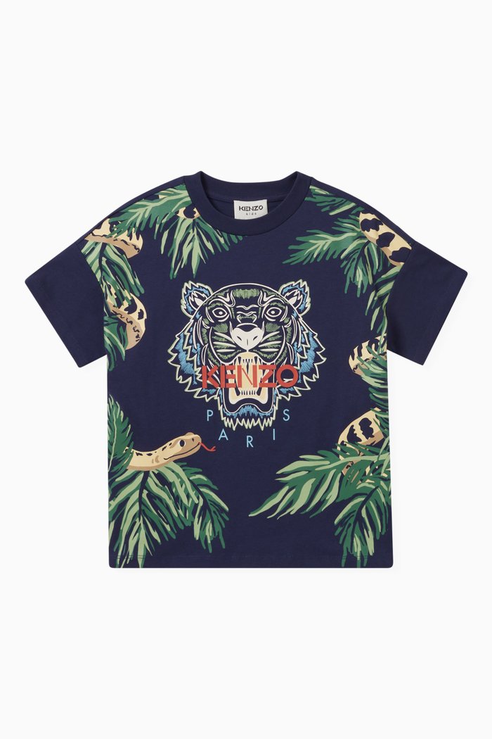 

Tiger Graphic Print T-shirt in Cotton, Blue