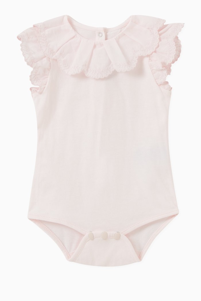 Embroidered Ruffle Bodysuit in Soft Cotton, Pink