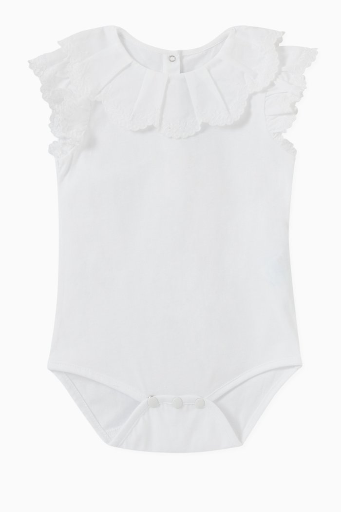 Embroidered Ruffle Bodysuit in Soft Cotton, White