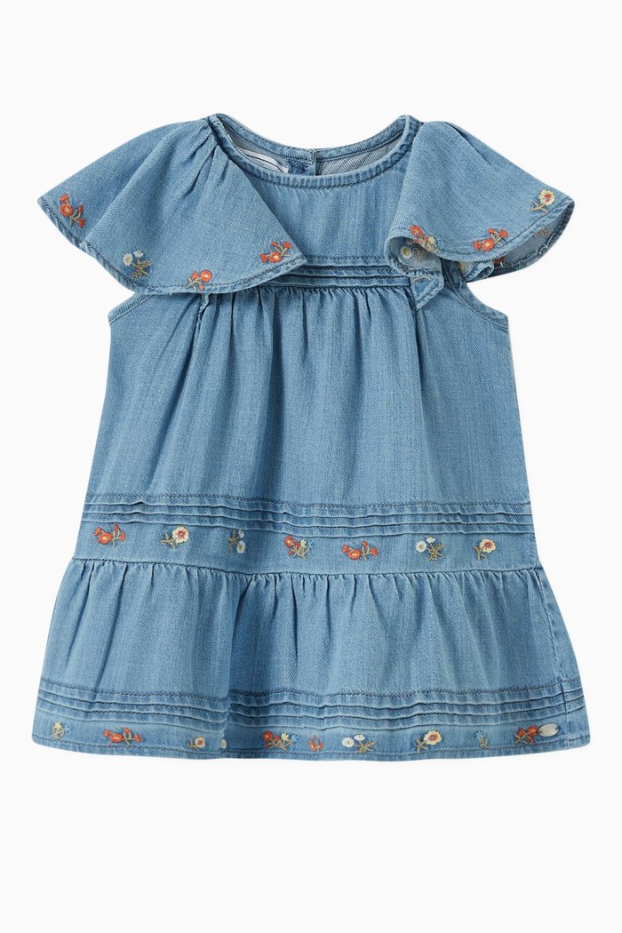 

Ruffles Twill Dress in Chambray, Blue