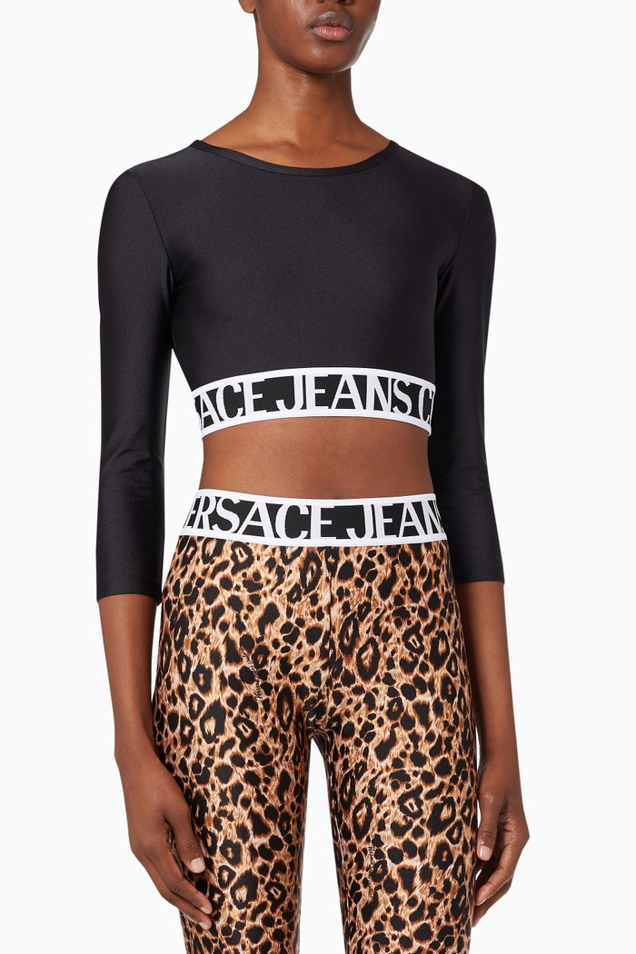 Logo Crop Top in Shiny Lycra, Black
