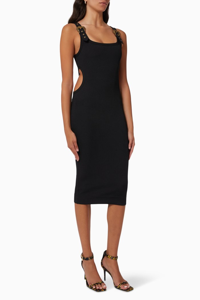 

Baroque Buckle Bodycon Dress in Ribbed Knit, Black