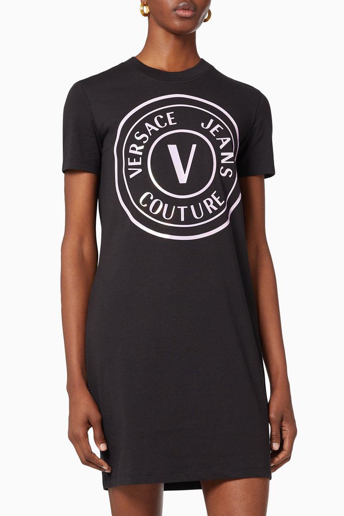 

V Emblem Logo T-shirt Dress in Cotton Jersey, Black