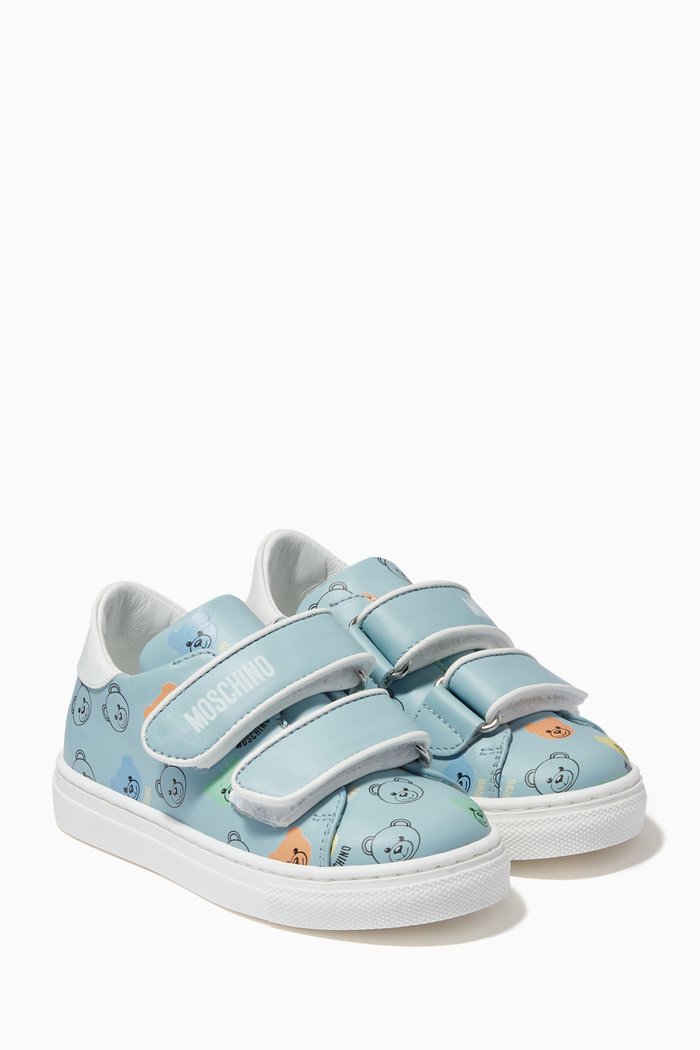 Multi Bear Print Sneakers in Leather, Blue