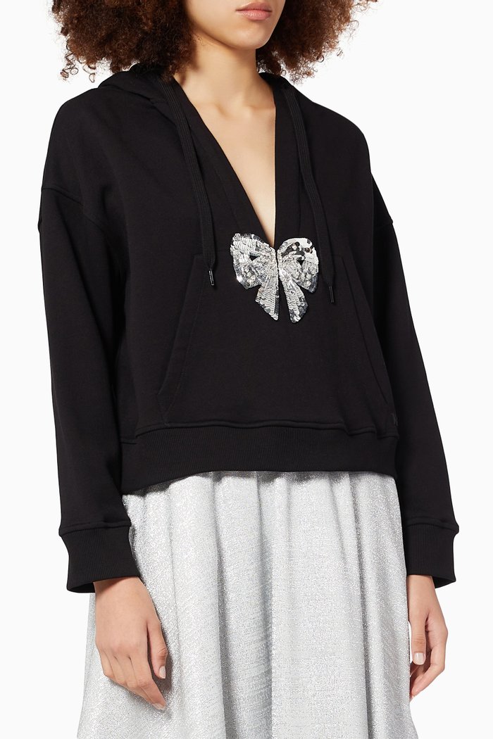

Sequinned Bow Hoodie in Jersey, Black